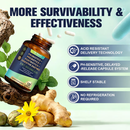 Totaria 5-in-1 60 Billion CFU Probiotic Prebiotic & Postbiotic for Women & Men, w/Digestive Enzymes, Slippery Elm, Daily Complete Gut Health,