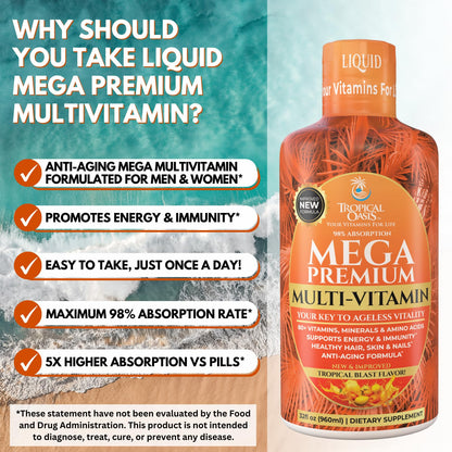 Mega Premium Liquid Multivitamin | Natural Immune Support Vitamin w/ 1333% Vitamin C, 200% D3, Zinc + 20 Vitamins, 70 Minerals, & 21 Amino Acids | Sugar Free