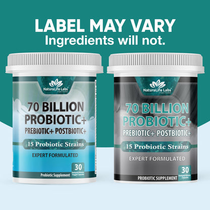 NaturaLife Labs Probiotics 70 Billion CFU – 15 Strains with Organic Prebiotic & Postbiotic – 3-in-1 Formula – 30 Vegan Capsules