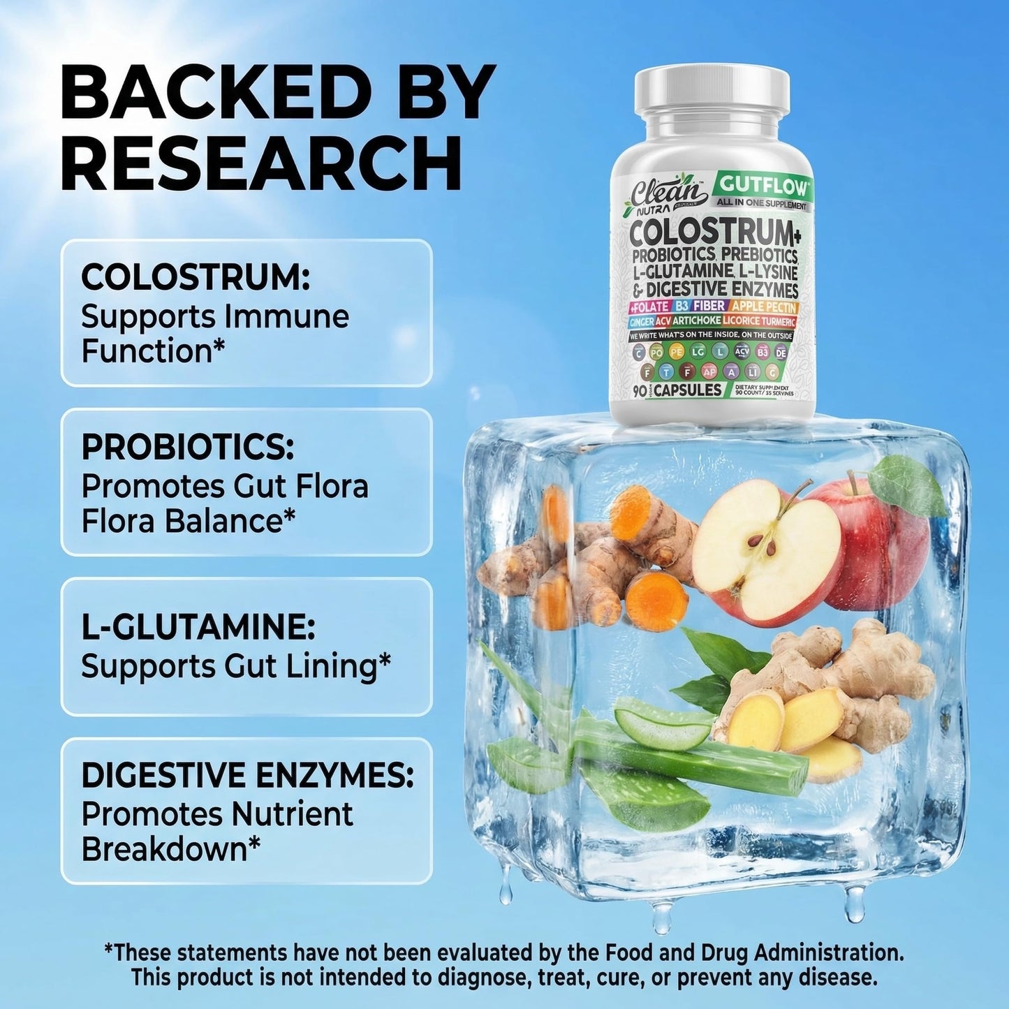 Clean Nutraceuticals Colostrum Supplement Capsules Probiotics Pills Prebiotics, L-Glutamine, Digestive Enzymes, Folate, Fiber, ACV, Turmeric, Apple Pectin and Turmeric Pills