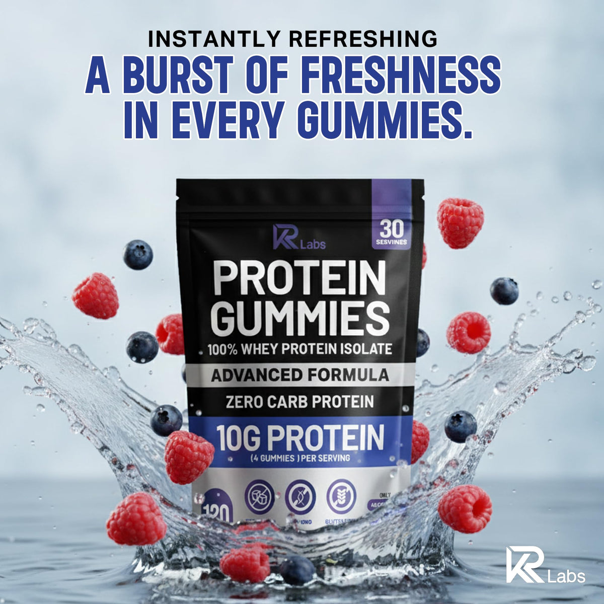 KR Labs Zero Carb 100% Pure Whey Isolate Protein Gummies | 300g Total Protein per Bag | 10g per Serving Plant Based with Vitamins for Men & Women