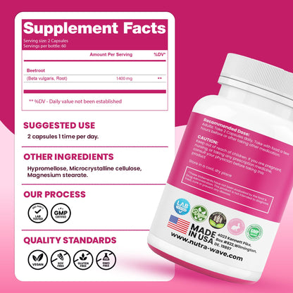 Nutra Wave 1400mg Organic Beet Root Capsules Per Serving – Nitric Oxide Booster for Men – Supports Blood Pressure, Energy, Circulation & Heart Health – Non-GMO, Vegan – 120 Capsules / 60 Day Supply