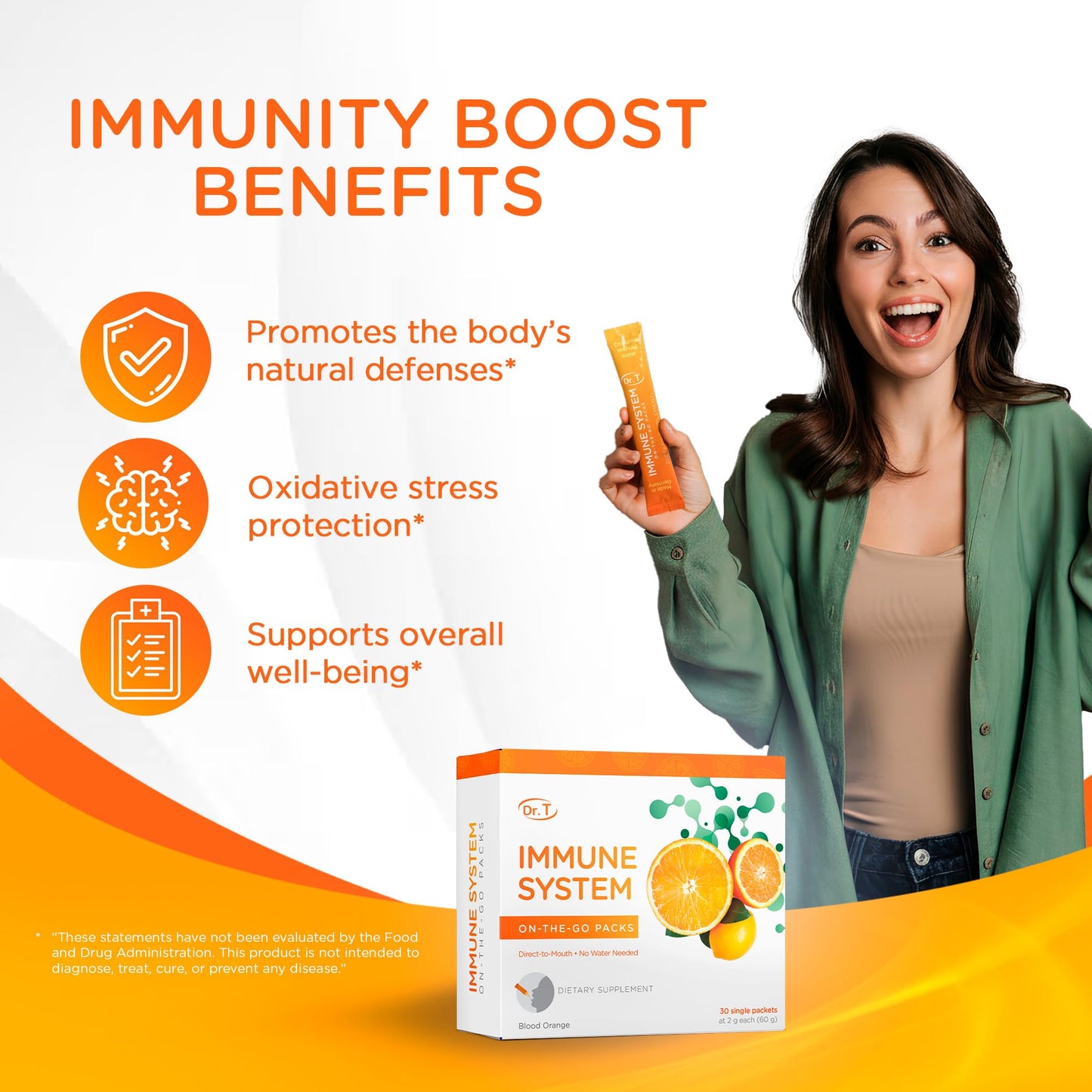 Dr. T On-the-go Packs – Immune System Formula – No Water Needed, Direct-to-Mouth – with Vitamins C, E, Zinc & Selenium – Supports Daily Wellness, Vitality & Overall Health – Orange, 30 Packs Dr. T buy supplements Au