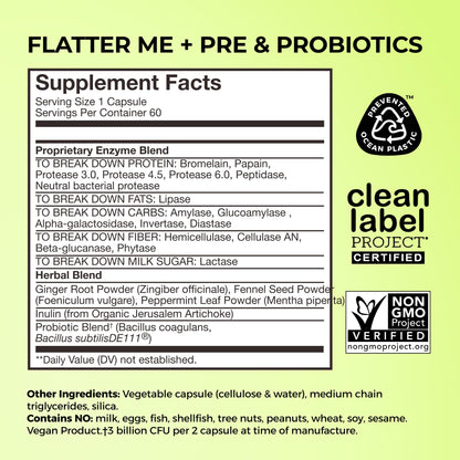 HUM Flatter Me Digestive Enzymes Plus Prebiotics & Probiotics, Digestive Health Bloating Supplement for Women & Men, Fast Acting Anti Bloat Pills Multi Enzyme