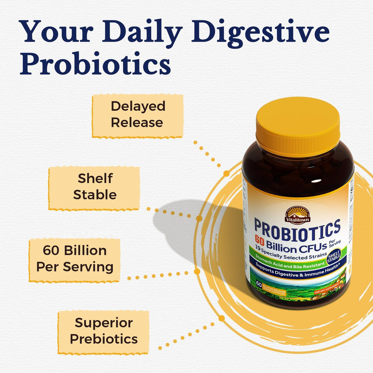 Vitalitown Probiotics + Prebiotics | 60 Billion CFUs 19 Strains | 60 Delayed Release Veg Caps | Shelf Stable, Prebiotics and Probiotics | Digestive Health