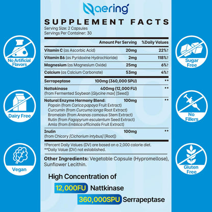 Liposomal Nattokinase 12,000 FU Serrapeptase 360,000 SPU Enzyme Supplement - Enriched with Synergistic Enzymes and Nutrient Blend & Inulin for Circulatory