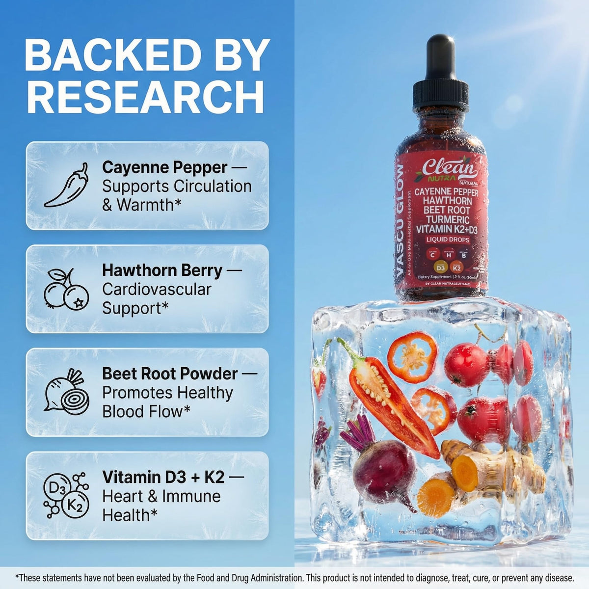 Clean Nutra Cayenne Pepper Drops Supplement Liquid + Hawthorn Berry, Vitamin D3 K2 Beet Root Powder, Ceylon Cinnamon, Turmeric Curcumin, Organic Panax Ginseng, Berberine Extract 1 Pack Clean Nutraceuticals buy supplements Au