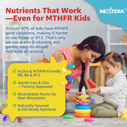 Kids Multivitamin Gummies with Iron, Sugar Free, Kids Daily Vitamins + Probiotics, Algae Omega 3 (EPA/DHA), A, C, D, Methyl B12, Folate, B6, Zinc, Biotin Nextdia