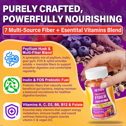 Fiber Gummies for Adults with Psyllium Husk, 7G(Soluble + Insoluble) Daily Prebiotic Fiber with Inulin, FOS, Guar Gum, Multivitamins for Daily Digestive Health,