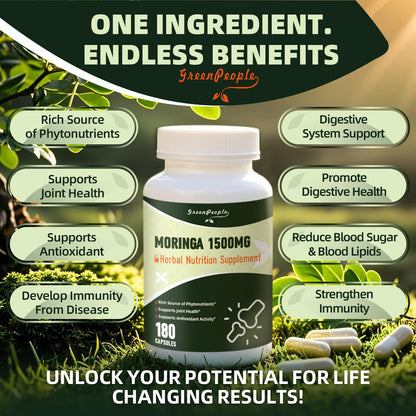 GREENPEOPLE Whole-Leaf Moringa Capsules 1500mg - High Potency 10:1 Moringa Oleifera Leaf Extract - Natural Green Superfood for Energy & Immune Support