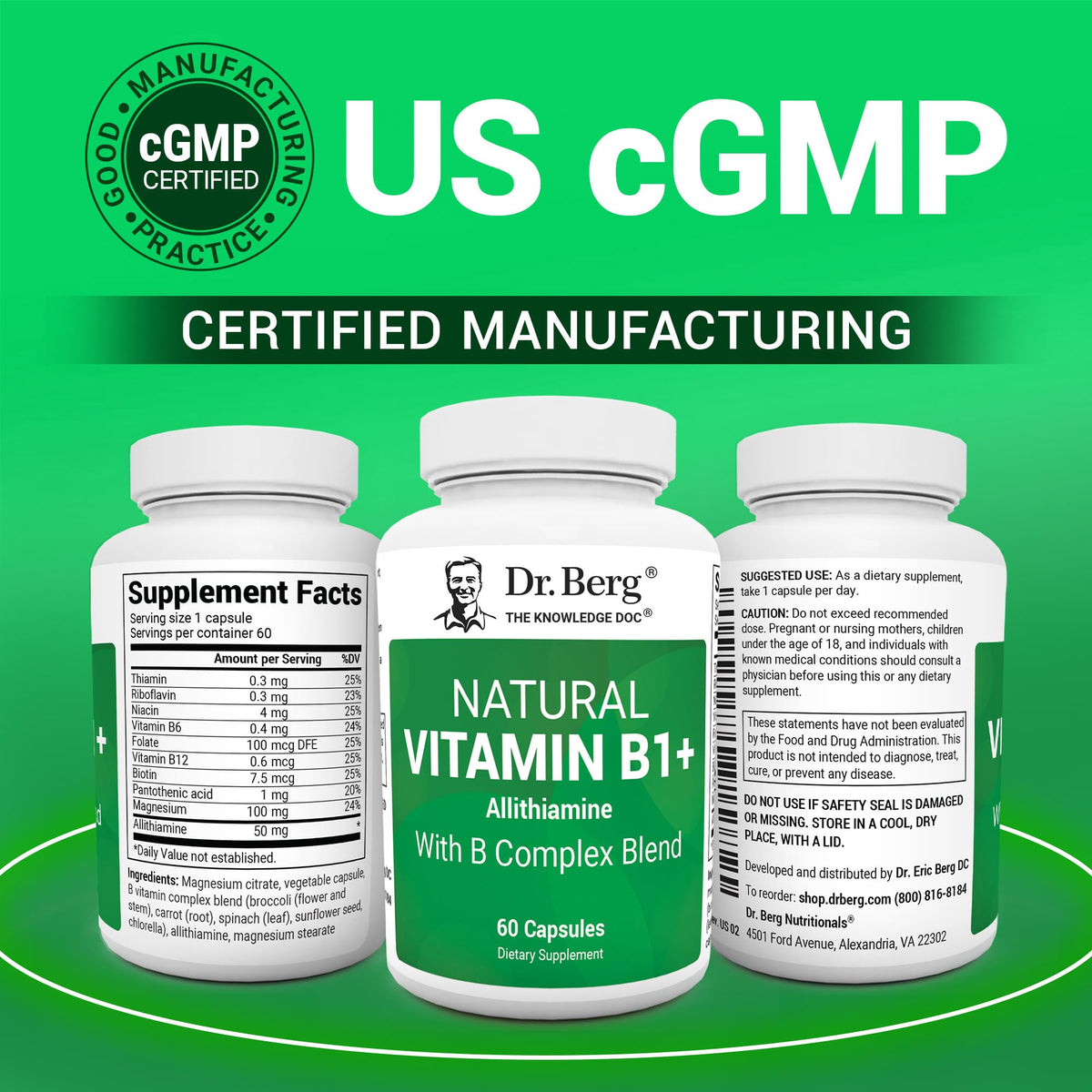 Dr. Berg Natural Vitamin B1 B6 B12 Complex - Allithiamine Vitamin B1 Supplement with 8 Essential Vitamin B Complex for Men & Women Including Thiamin