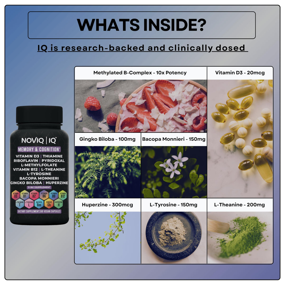 11-in-1 Nootropic Supplement: Supports Memory & Cognition - 100mg Ginkgo 150mg Bacopa 300mcg Huperzine 200mg L-Theanine 150mg L-Tyrosine & Bioactive B-Complex w/ 5-MTHF - 1,100mg+ Serving - 60 Count NOVIQBuy Supplements Australia