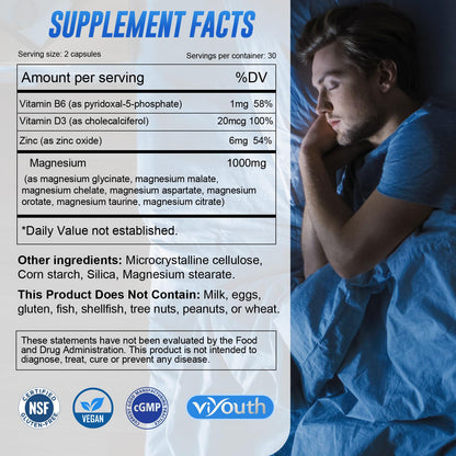 Magnesium 7 Complex Supplement Advanced with 7 Forms of Magnesium (Glycinate, Malate, Chelate, Aspartate, Orotate, Taurine, Citrate), Zinc, Vitamin D3 & Vitamin B6 for Sleep & Muscle, 60 Capsules VIYOUTH buy supplements Au