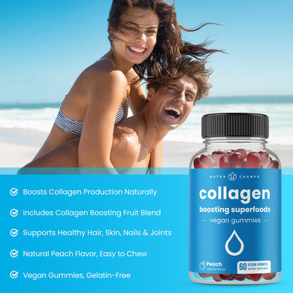 NutraChamps Collagen Boosting Gummies, Collagen Booster Gummy for Natural Collagen Production, Vegan Pectin Supplements Chews for Women & Men,
