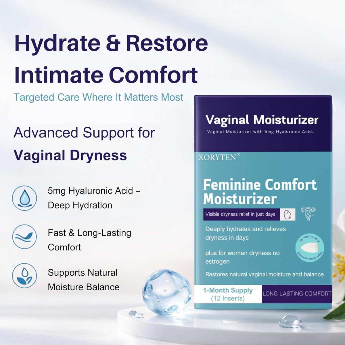 XORYTEN Vaginal Moisturizer for Revarey– 5mg Hyaluronic Acid – Vaginal Dryness, Hormone-Free Soothing Inserts, Non-Greasy, 12 Suppositories – 1 Month Supply (No fragrance) XORYTEN buy supplements Au