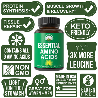 All 9 Essential Amino Acids Supplement. Capsules with 3X More Leucine for Muscle Recovery, Growth. EAA Supplement Better Than BCAA / BCAAS Branched Chain Aminos Acid.