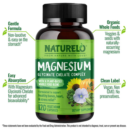 NATURELO Magnesium Glycinate Chelate Complex - 200 mg Magnesium with Organic Vegetables to Support Sleep, Calm, Muscle Cramp & Stress Relief