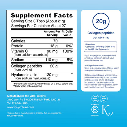 Vital Proteins Collagen Peptides Powder Advanced with Hyaluronic Acid & Vitamin C, 20oz Collagen Protein, Unflavored, 27 Servings