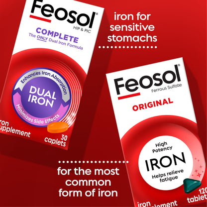 Feosol Original Iron Supplement Tablets, Non-heme, 65mg Iron per Pill, 1 Per Day, 120ct, 4 Month Supply, for Energy and Immune System Support, Made in USA