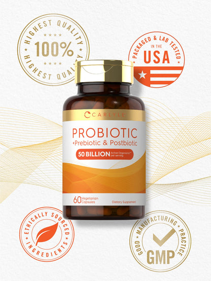 Carlyle Probiotic for Women and Men | 50 Billion CFU | 60 Capsules | Plus Prebiotic and Postbiotic | Complex Supplement | Vegetarian, Non-GMO, and Gluten Free