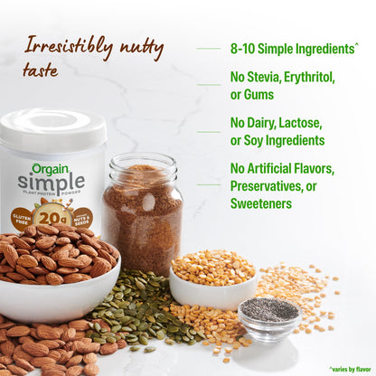Orgain Organic Simple Vegan Protein Powder, Peanut Butter - 20g Plant Based Protein, With less Ingredients, No Artificial Sweeteners, Gluten Free, No Dairy or Lactose, 1.25 lb (Packaging May Vary)