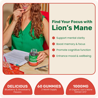 Fungies Lion's Mane Mushroom Gummies, Mixed Blueberry & Strawberry Flavor - Mushroom Supplement Gummy for Adults & Children Supports Brain Health, Cognitive Function