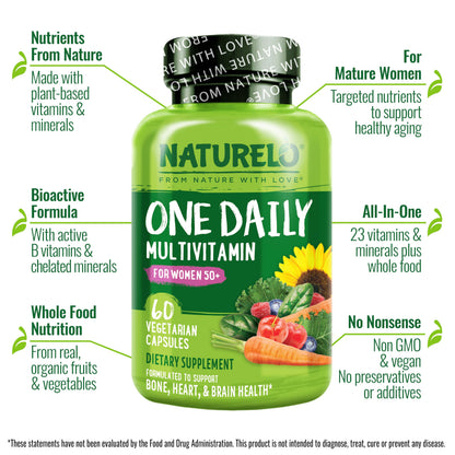 NATURELO One Daily Multivitamin for Women 50+ (Iron Free) - Menopause Support for Women Over 50 - Whole Food Supplement