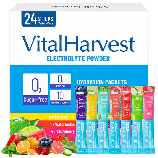 24 Sticks Electrolytes Powder Packets 7 Flavors Sugar Free Hydration Packets Liquid Daily IV Drink Mix, Low Sodium, Lemon Lime, Watermelon, Strawberry, Grape
