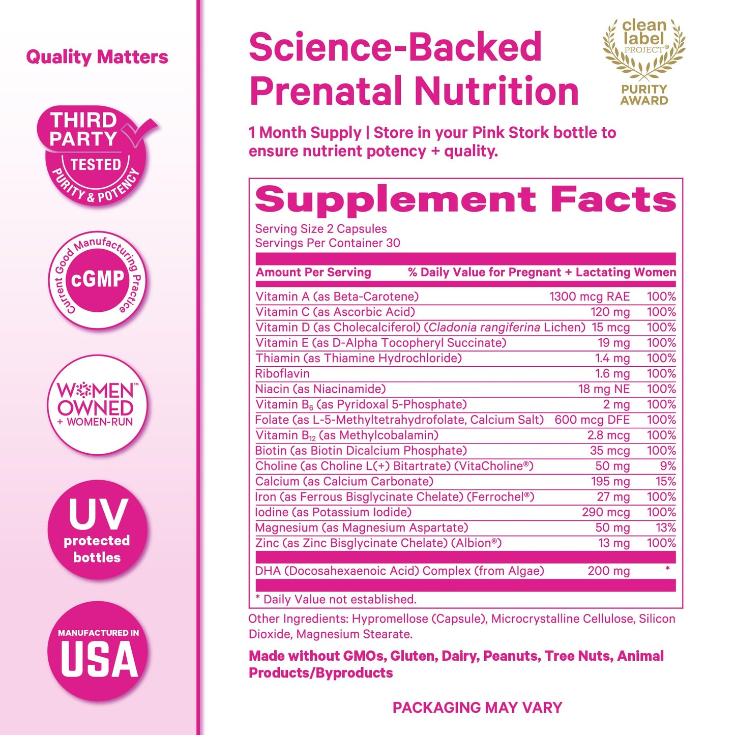 Pink Stork Total Prenatal Vitamins with DHA, Folate, Iron, Choline, and Vitamin B12 - Prenatals for Women to Support Fetal Development, Pregnancy Essentials