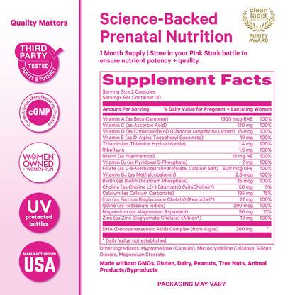Pink Stork Total Prenatal Vitamins with DHA, Folate, Iron, Choline, and Vitamin B12 - Prenatals for Women to Support Fetal Development, Pregnancy Essentials