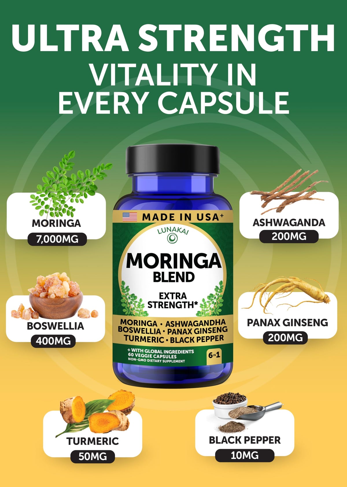 Lunakai USA Made Pure Moringa Capsules – Advanced Moringa Leaf Extract Supplement with Ashwagandha, Boswellia, Ginseng & Turmeric, 60ct LunakaiBuy Supplements Australia