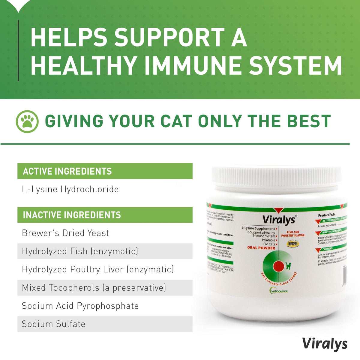 Vetoquinol Viralys Daily L-Lysine Powder for Cats and Kittens, Fish Flavored Lysine Supplement for Cats and Kittens to Support Immune Health