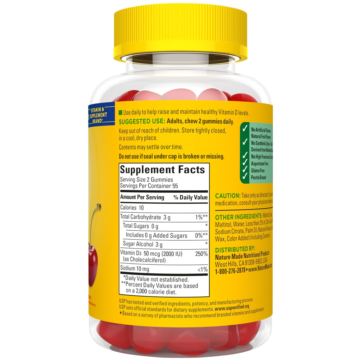 Nature Made Zero Sugar Vitamin D3 Gummies 2000 IU (50 mcg) Per Serving, Bone & Immune Support, Aspartame Free
