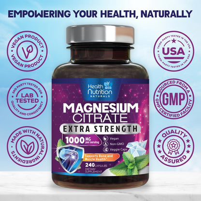 Magnesium Citrate 1000mg Per Serving - Max Absorption Magnesium Powder Capsules for Muscle, Nerve, Bone and Heart Health Support, High Absorption Citrate Complex