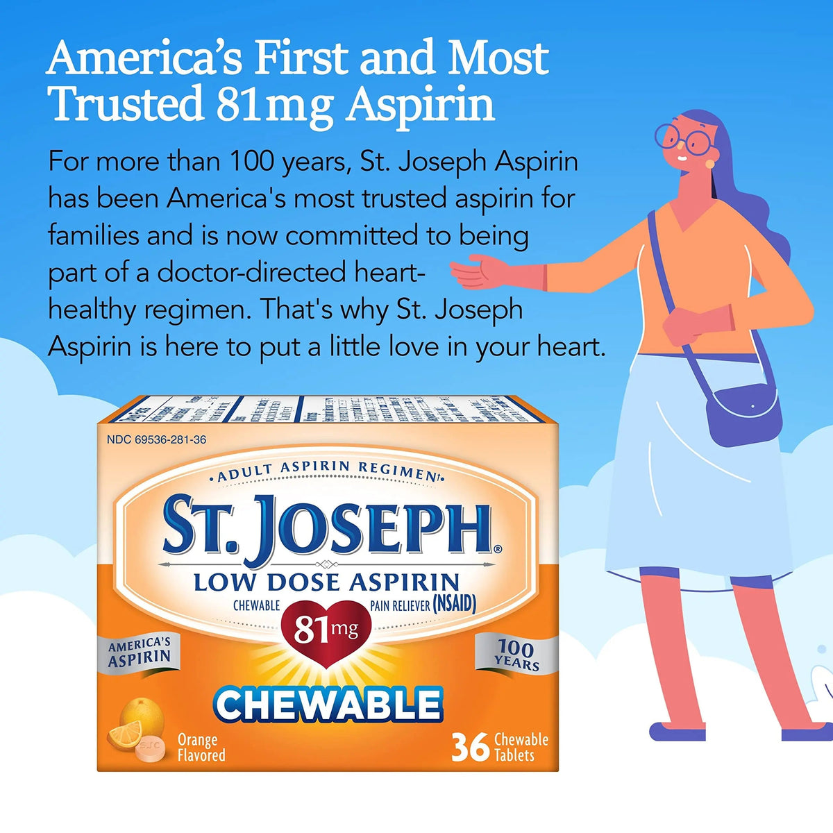 St. Joseph Aspirin Pain Reliever (NSAID) 81mg, Chewable Orange Tablets Adult Low Dose Regimen , 108 ct (3 x 36 ct Tablets per Bottle) St. JosephBuy Supplements Australia