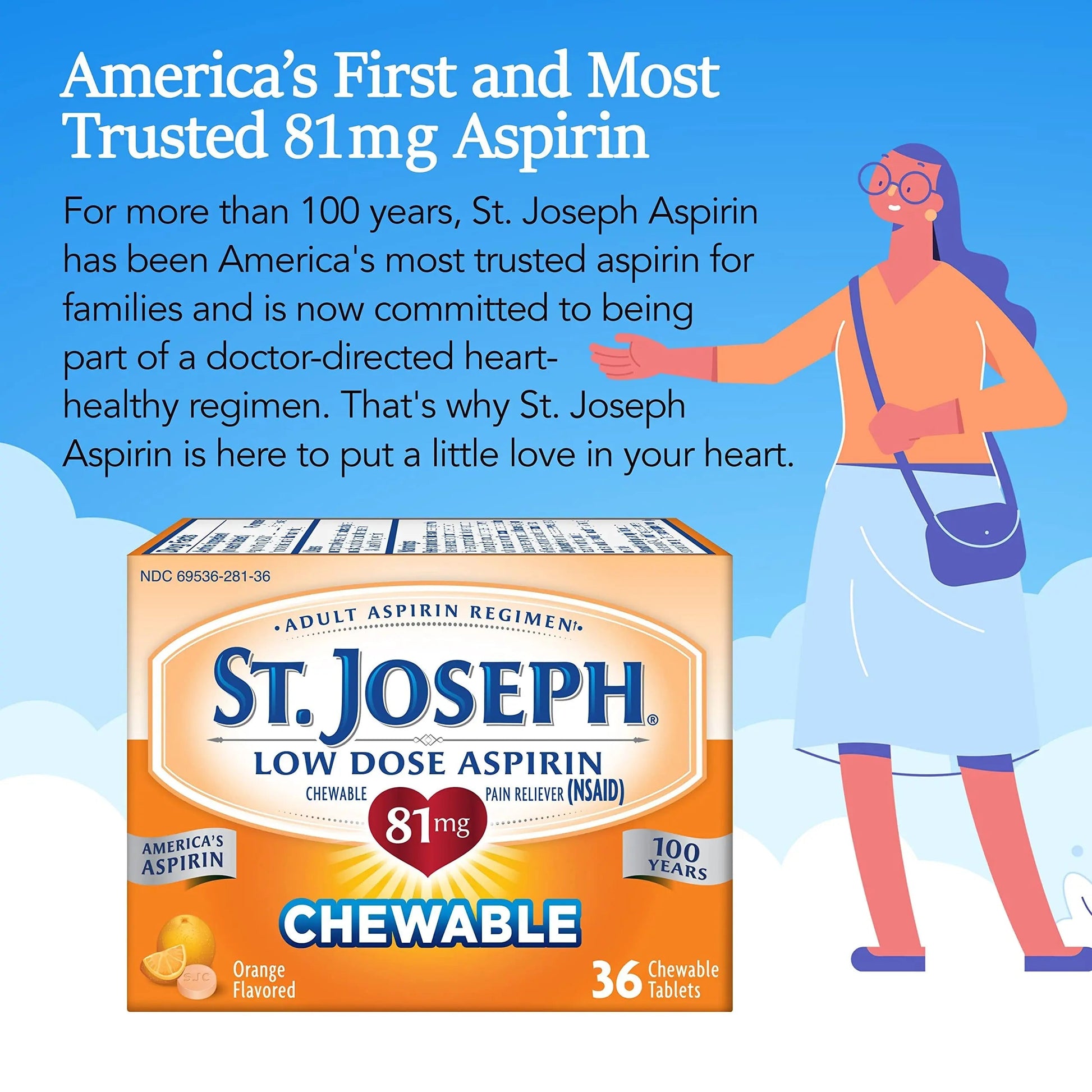 St. Joseph Aspirin Pain Reliever (NSAID) 81mg, Chewable Orange Tablets Adult Low Dose Regimen , 108 ct (3 x 36 ct Tablets per Bottle) St. JosephBuy Supplements Australia