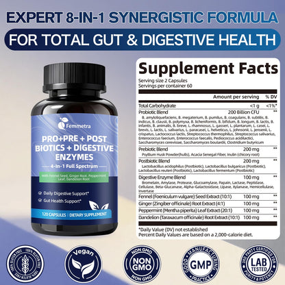 Ultra Probiotics for Women Men 200 Billion CFU - 36 Strains 14 Digestive Enzymes, 4 Anti-Bloat Herbs, 3 Prebiotic Fibers & 4 Postbiotics, Gut, Digestive, Regularity