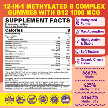 Methylated Vitamin B Complex Gummies for Women & Men - 12-in-1 Multivitamin with 1000 mcg Methyl B12, 1700 mcg Methylfolate, 2000 mcg Biotin, Inositol for Energy