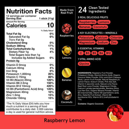 DryWater Electrolyte Powder Packets, Raspberry Lemon - Stevia-Free Hydration Packets Drink Mix with Zero Added Sugar for Rehydration & Energy - 6 Key Electrolytes