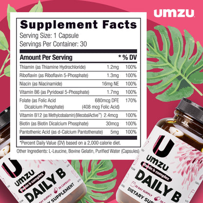 UMZU Daily B, 30 Day Supply – Complete Vitamin B Complex Supplement Blend with B1, B2, B3, B5, B6, B7, B9 & B12 Plus Folic Acid & Biotin – Supports Energy, Focus, Mood,