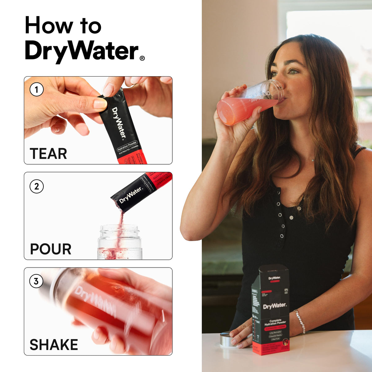 DryWater Electrolyte Powder Packets, Raspberry Lemon - Stevia-Free Hydration Packets Drink Mix with Zero Added Sugar for Rehydration & Energy - 6 Key Electrolytes