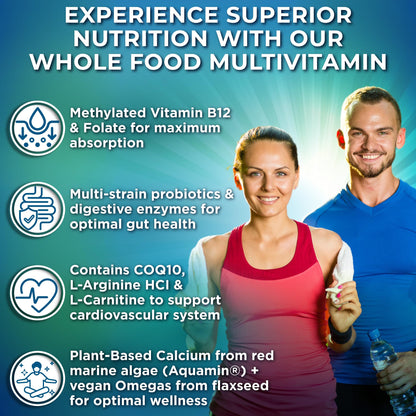 Vegan Whole Food Daily Multivitamin with Iron, Methylated Multivitamin for Women and Men, Made with Fruits & Vegetables, B-Complex, Probiotics, Enzymes