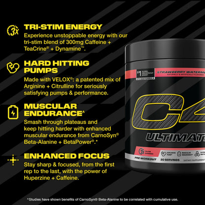 C4 Ultimate Pre Workout Powder Watermelon - Sugar Free Preworkout Energy Supplement for Men & Women - 300mg Caffeine + 3.2g Beta Alanine