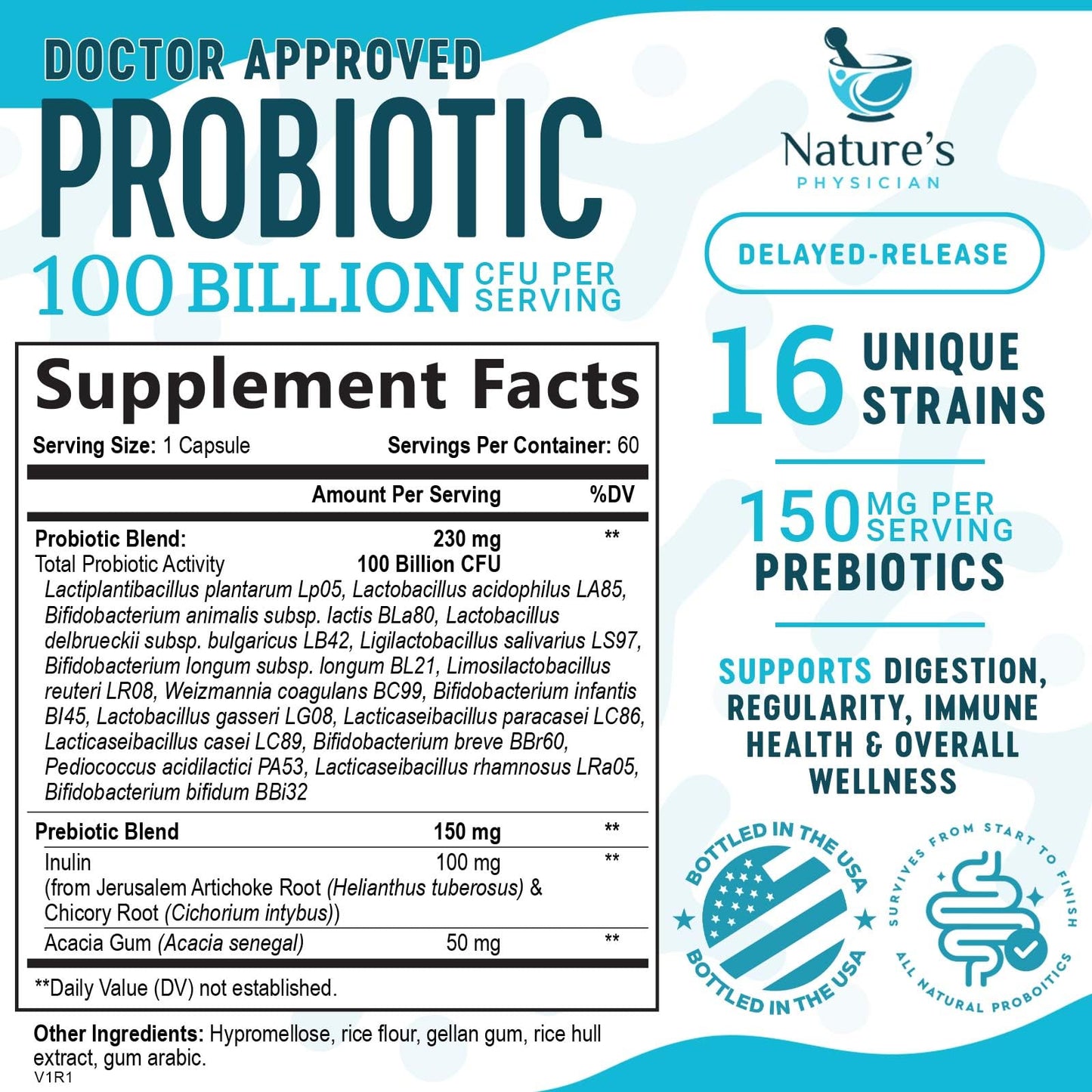 Nature's Physician Probiotics - 100 Billion CFU Per Capsule - 16 Strains + Prebiotics - Best Probiotic Supplement for Women & Men - Supports Immune,