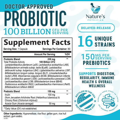 Nature's Physician Probiotics - 100 Billion CFU Per Capsule - 16 Strains + Prebiotics - Best Probiotic Supplement for Women & Men - Supports Immune,