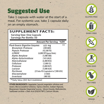 Master Supplements Enzalase - 50 Capsules - Probiotic Compatible Enzymes - Provides Digestive Boost + Gas & Bloating Relief - Gluten Free - 50 Servings
