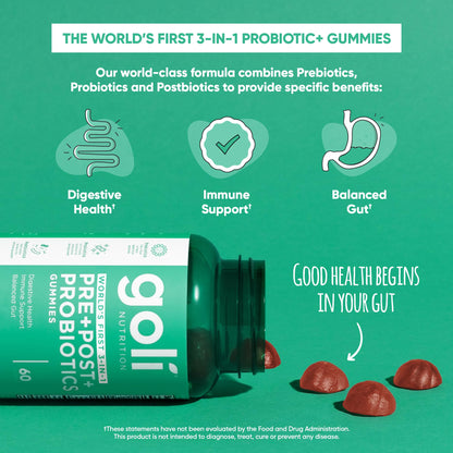 Goli Pre Pro Postbiotic Gummies - Worlds First 3-in-1 Formula with DE111 Probiotics, XOS Prebiotics, MCC1849 Postbiotics - Vegan, Non-GMO,