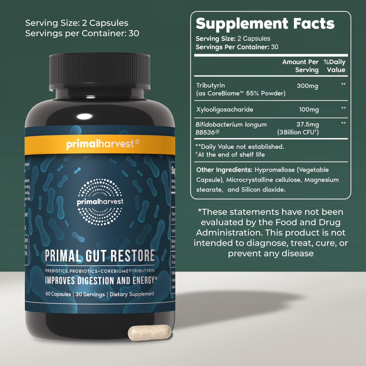 Primal Harvest 2 Pack, Restore for Gut Health, Primal Gut Restore w/POSTbiotics, PREbiotics and PRObiotics for Women and Men, 60 CT - Digestion,