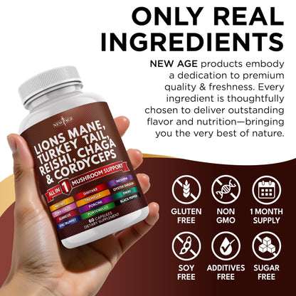 NEW AGE Lions Mane Mushroom Supplement with Turkey Tail Reishi Cordyceps Chaga with Marshmallow Root - 120 Count