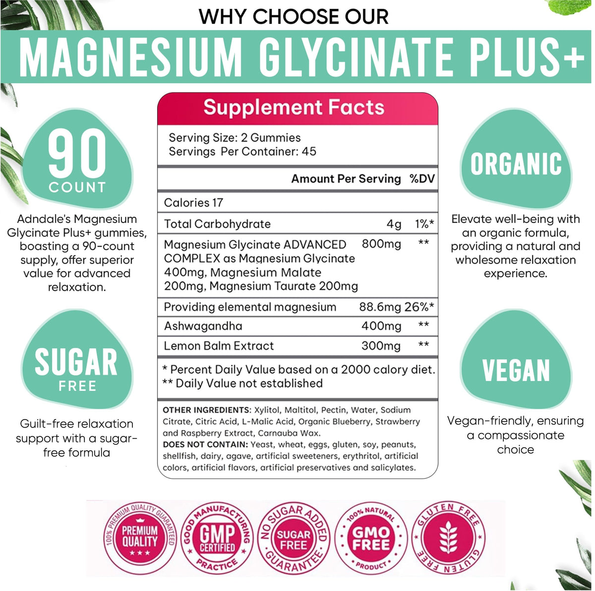 Adndale 90 CT Magnesium Glycinate 400 mg Gummies with Ashwagandha, Magnesium Malate & Taurate, Sugar Free Magnesium Gummies for Adults & Kids. AdndaleBuy Supplements Australia